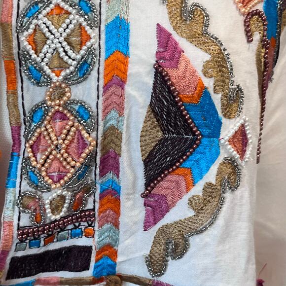 Anthropologie RD & Koko Embroidered Boho Peasant Top Tassel Tie Front M Beach - Picture 4 of 9